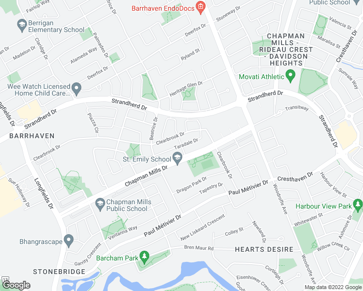 map of restaurants, bars, coffee shops, grocery stores, and more near Taradale Drive in Ottawa