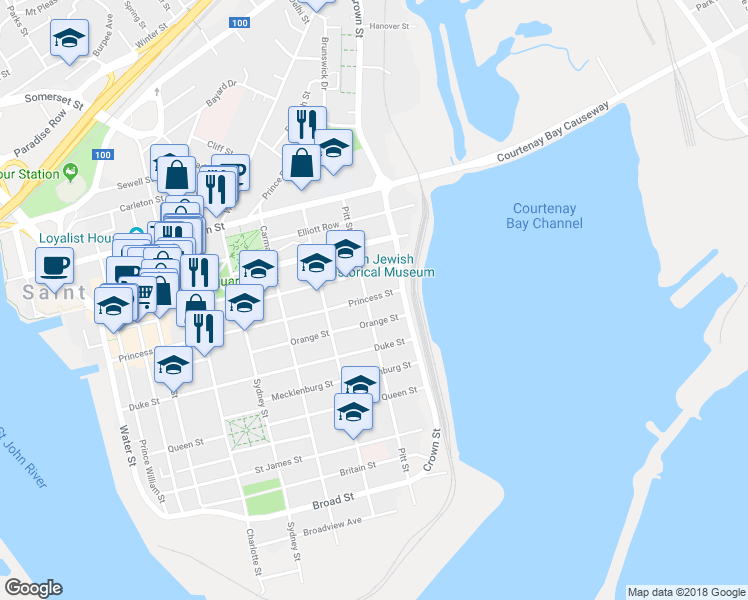 map of restaurants, bars, coffee shops, grocery stores, and more near 296 Princess Street in Saint John