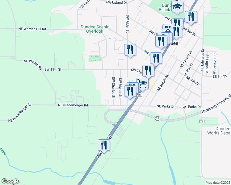 map of restaurants, bars, coffee shops, grocery stores, and more near 1376 Southwest Myrtle Street in Dundee