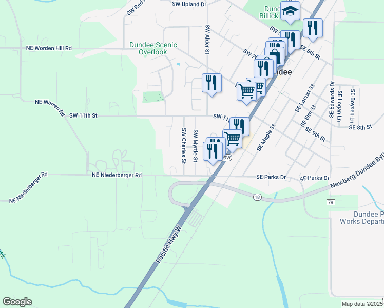 map of restaurants, bars, coffee shops, grocery stores, and more near 1376 SW Myrtle St in Dundee