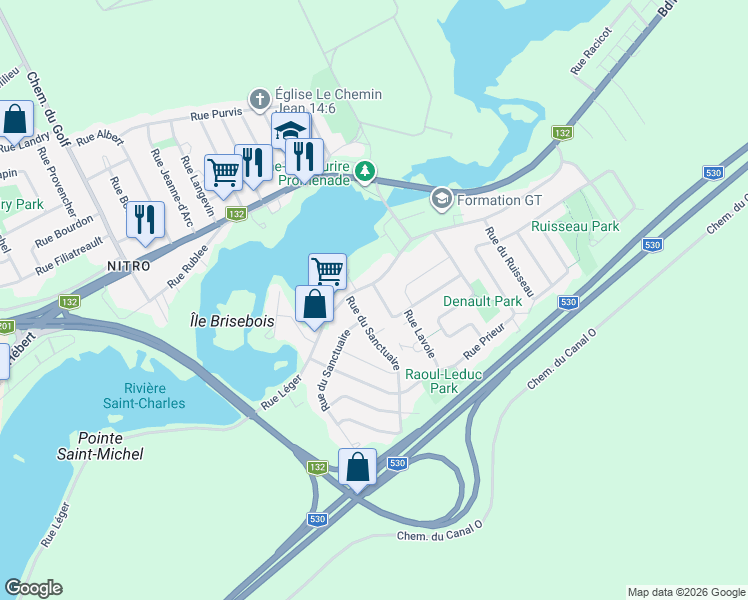 map of restaurants, bars, coffee shops, grocery stores, and more near 4 Rue Lavoie in Salaberry-de-Valleyfield
