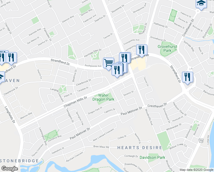 map of restaurants, bars, coffee shops, grocery stores, and more near 397 Chapman Mills Drive in Ottawa
