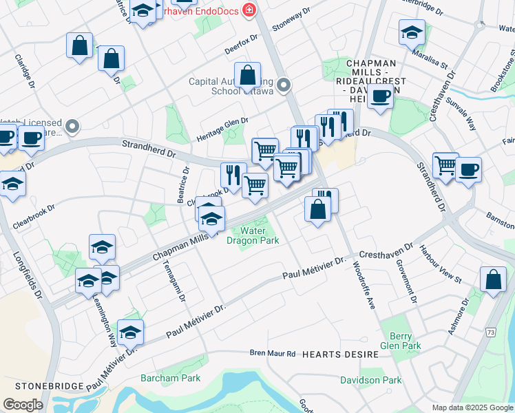 map of restaurants, bars, coffee shops, grocery stores, and more near in Ottawa