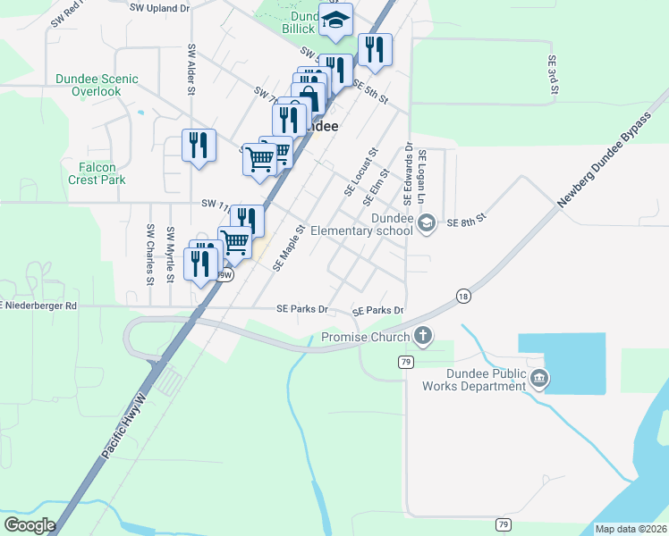 map of restaurants, bars, coffee shops, grocery stores, and more near 1091 Southeast Elm Street in Dundee