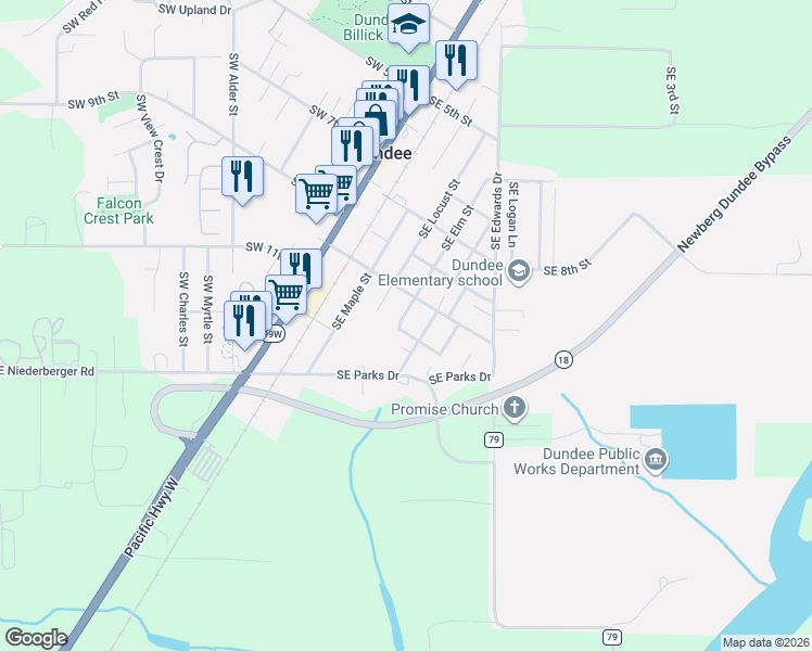 map of restaurants, bars, coffee shops, grocery stores, and more near 1091 Southeast Elm Street in Dundee