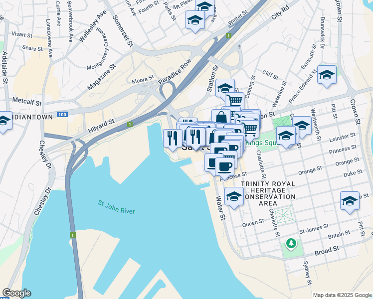 map of restaurants, bars, coffee shops, grocery stores, and more near 1 Market Square in Saint John