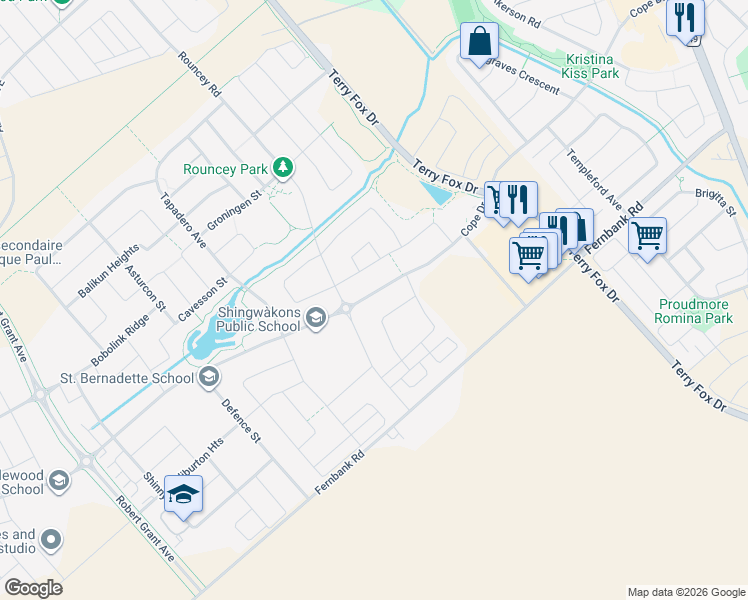 map of restaurants, bars, coffee shops, grocery stores, and more near 422 Cope Drive in Ottawa