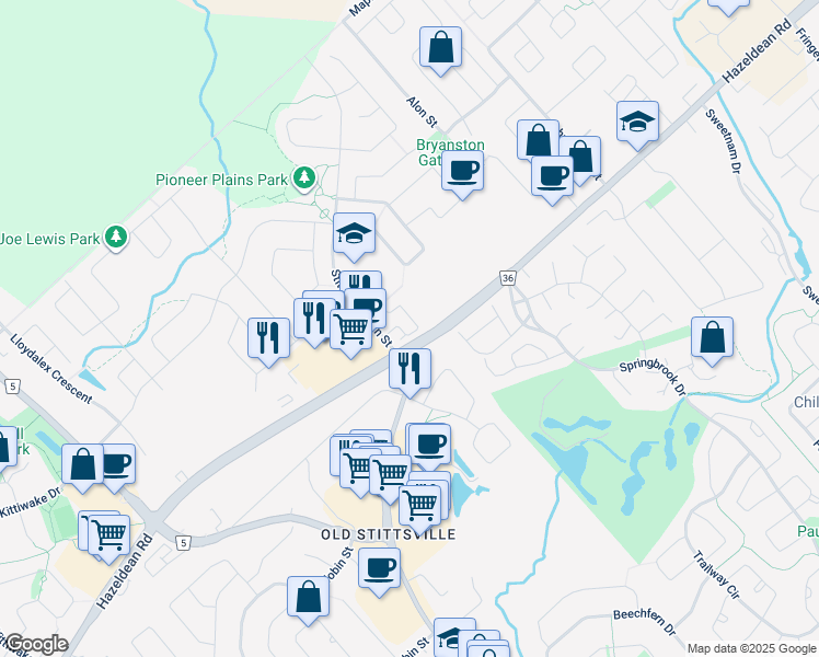 map of restaurants, bars, coffee shops, grocery stores, and more near 1117 Stittsville Main Street in Ottawa