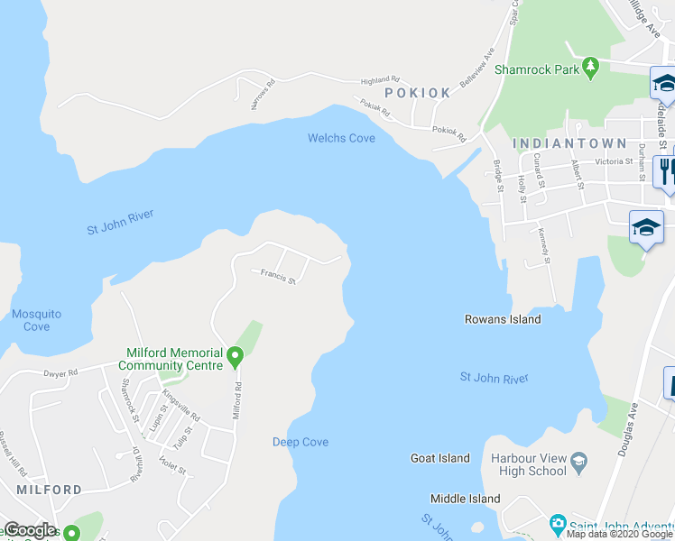 map of restaurants, bars, coffee shops, grocery stores, and more near 1 Milford Road in Saint John