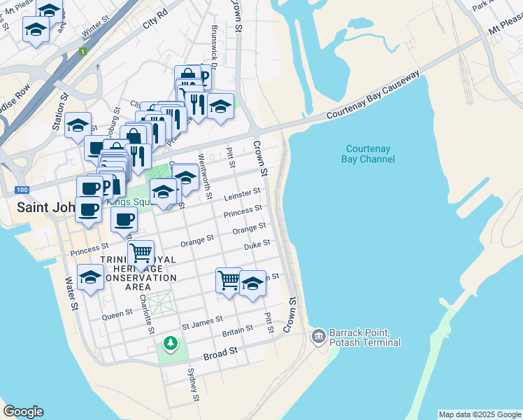 map of restaurants, bars, coffee shops, grocery stores, and more near 296 Princess Street in Saint John