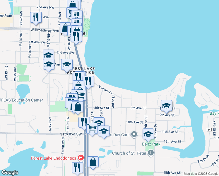 map of restaurants, bars, coffee shops, grocery stores, and more near 232 South Shore Drive in Forest Lake