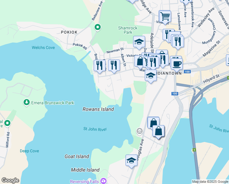 map of restaurants, bars, coffee shops, grocery stores, and more near 76 Kennedy Street in Saint John