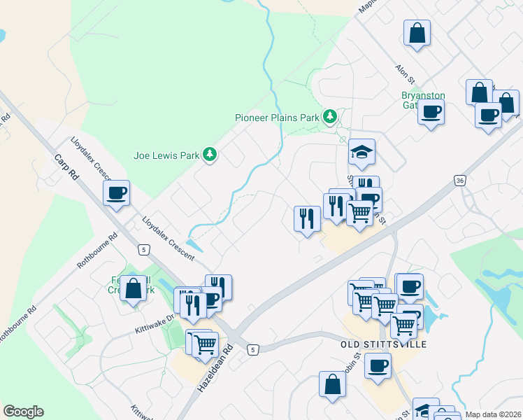 map of restaurants, bars, coffee shops, grocery stores, and more near 194 Kimpton Drive in Ottawa