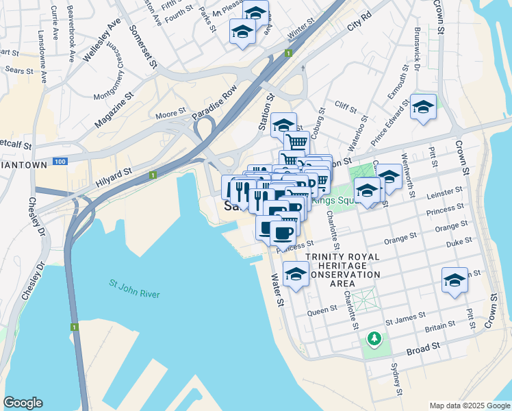 map of restaurants, bars, coffee shops, grocery stores, and more near in Saint John
