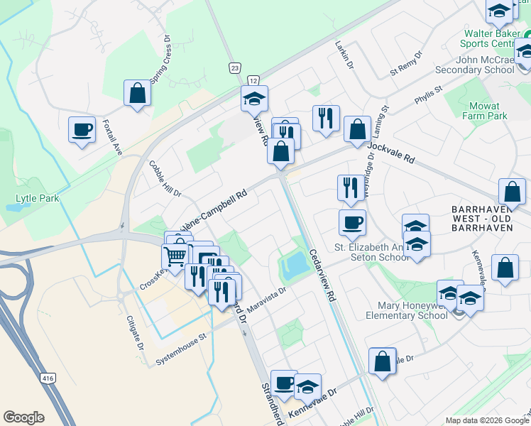 map of restaurants, bars, coffee shops, grocery stores, and more near 547 Peerless Street in Ottawa