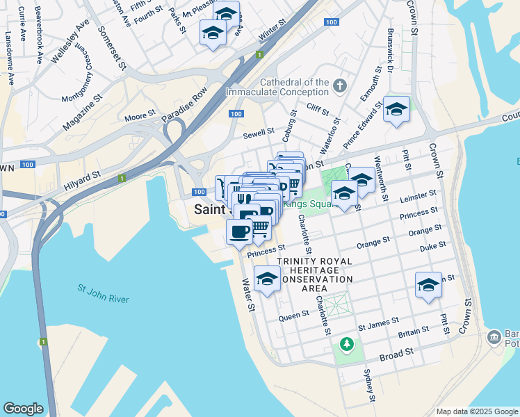 map of restaurants, bars, coffee shops, grocery stores, and more near 39 King Street in Saint John