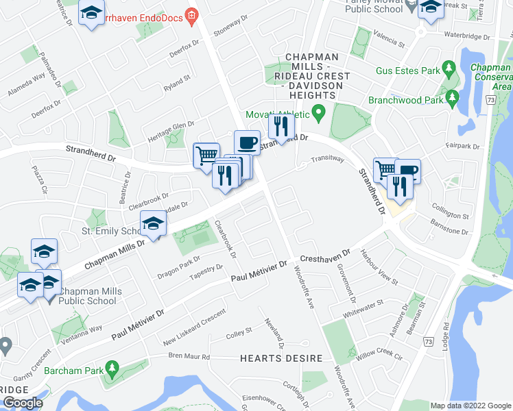 map of restaurants, bars, coffee shops, grocery stores, and more near 218 Sorento Street in Ottawa