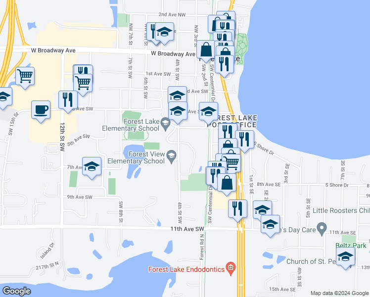 map of restaurants, bars, coffee shops, grocery stores, and more near 555 4th Street Southwest in Forest Lake