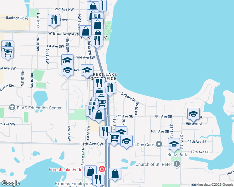 map of restaurants, bars, coffee shops, grocery stores, and more near 132 South Shore Drive in Forest Lake