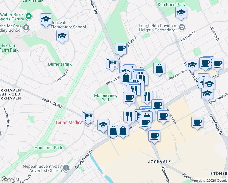 map of restaurants, bars, coffee shops, grocery stores, and more near 64 Exeter Drive in Ottawa
