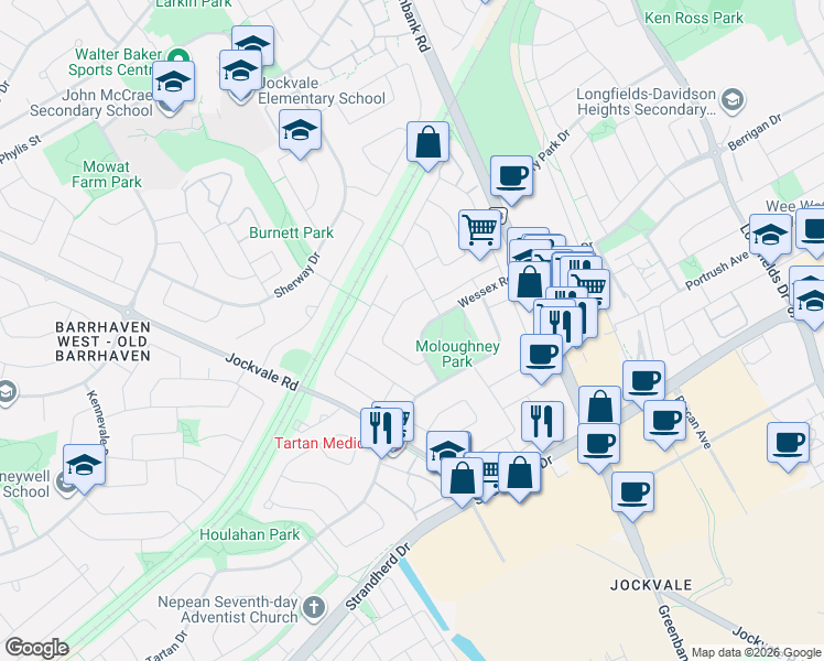 map of restaurants, bars, coffee shops, grocery stores, and more near 19 Wessex Road in Ottawa