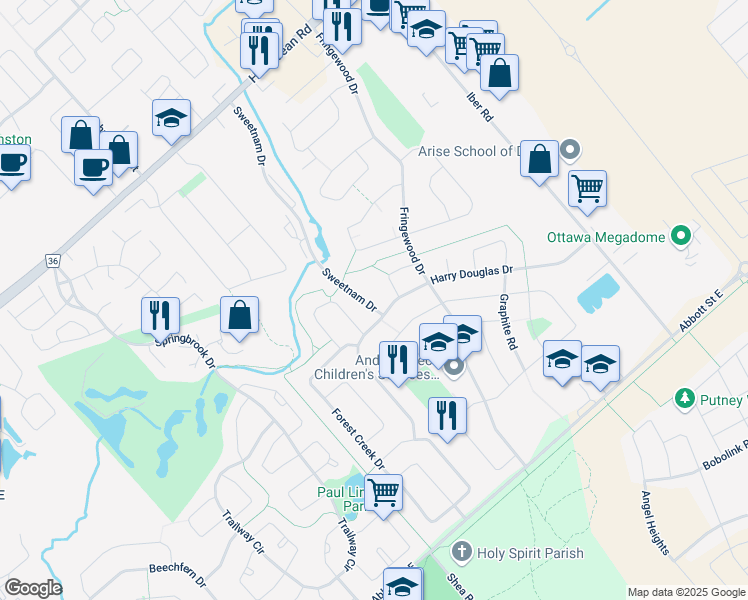 map of restaurants, bars, coffee shops, grocery stores, and more near 58 Sweetnam Drive in Ottawa