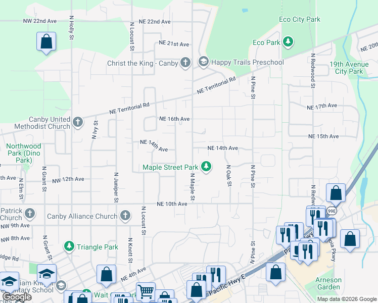 map of restaurants, bars, coffee shops, grocery stores, and more near 1302 North Maple Street in Canby
