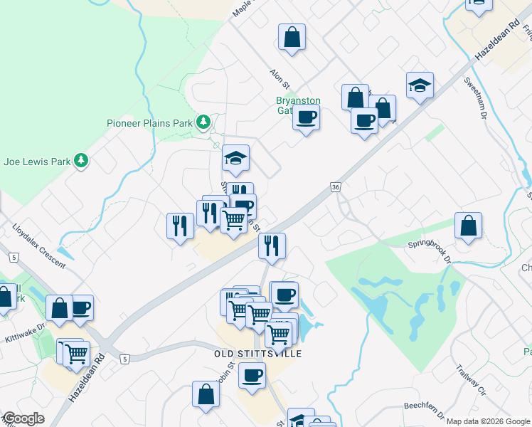 map of restaurants, bars, coffee shops, grocery stores, and more near 1119 Stittsville Main Street in Ottawa