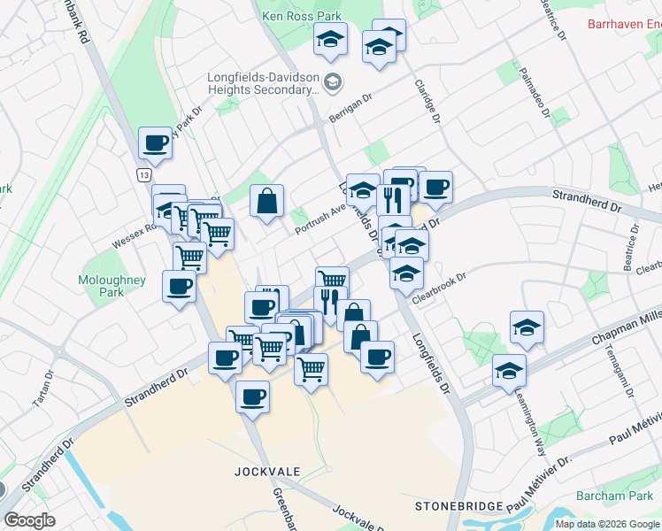 map of restaurants, bars, coffee shops, grocery stores, and more near 200 Keltie Private in Ottawa