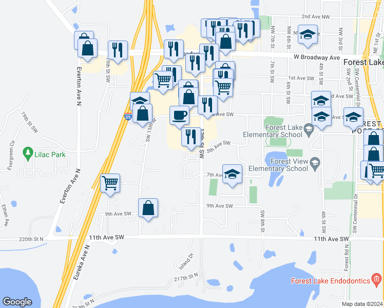 map of restaurants, bars, coffee shops, grocery stores, and more near 556 12th Street Southwest in Forest Lake