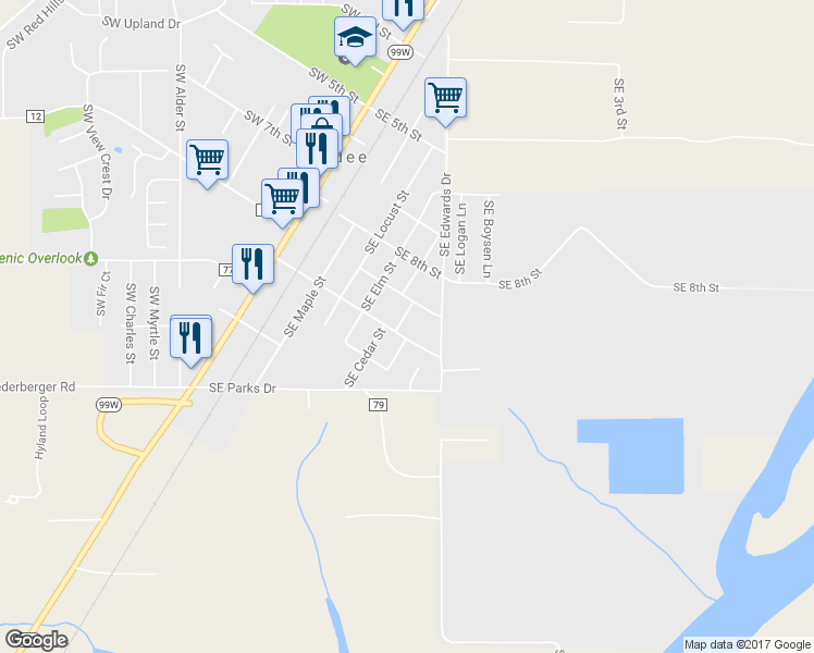 map of restaurants, bars, coffee shops, grocery stores, and more near 980 Southeast Oak Street in Dundee