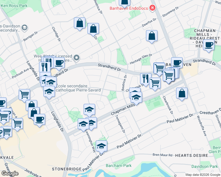 map of restaurants, bars, coffee shops, grocery stores, and more near 657 Clearbrook Drive in Ottawa