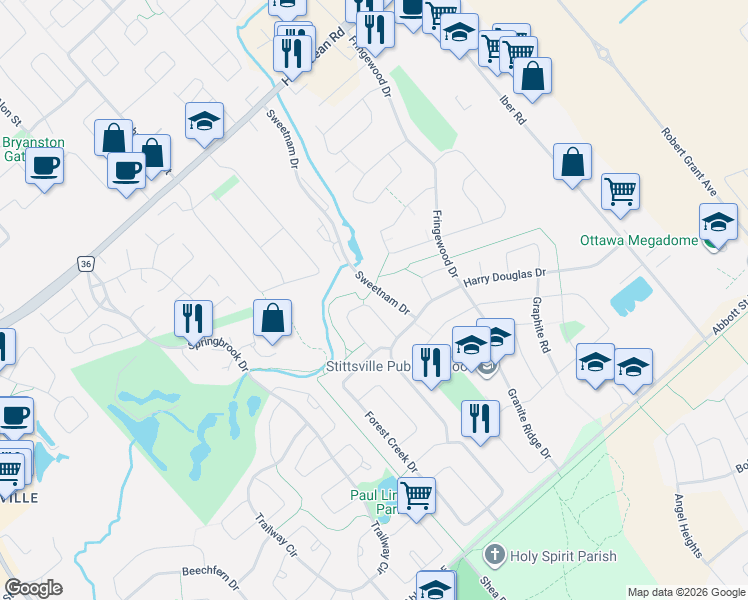 map of restaurants, bars, coffee shops, grocery stores, and more near 27 Eileen Crescent in Ottawa