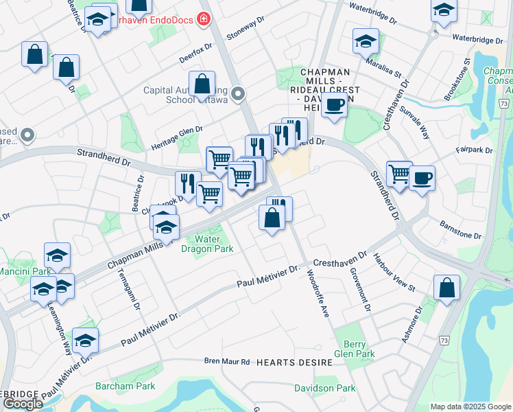 map of restaurants, bars, coffee shops, grocery stores, and more near in Ottawa