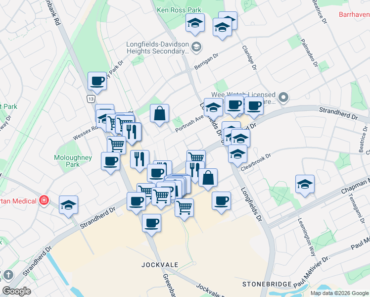 map of restaurants, bars, coffee shops, grocery stores, and more near 267 Keltie Private in Ottawa