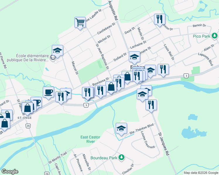 map of restaurants, bars, coffee shops, grocery stores, and more near 984 Notre-Dame Street in Embrun