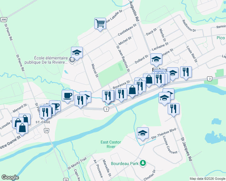 map of restaurants, bars, coffee shops, grocery stores, and more near 27 Bourassa Street in Embrun