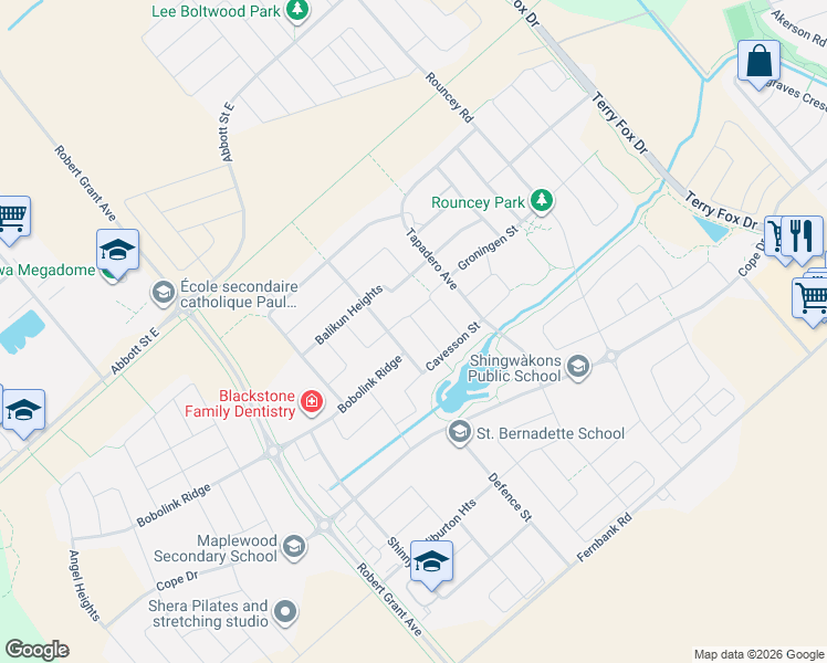 map of restaurants, bars, coffee shops, grocery stores, and more near 321 Percheron Way in Ottawa