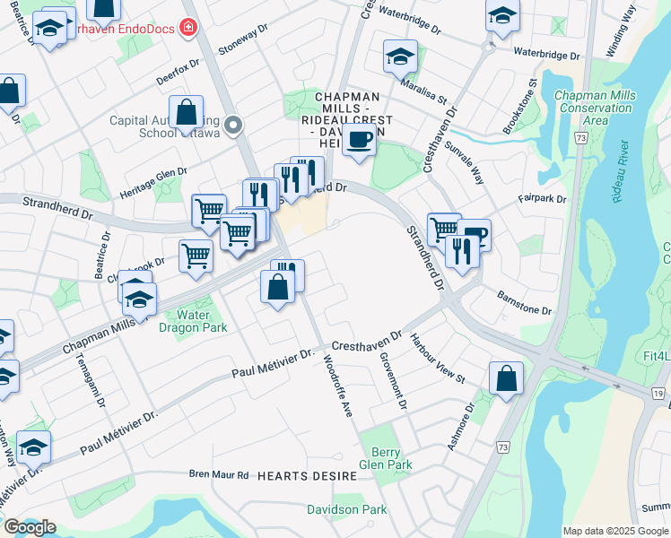 map of restaurants, bars, coffee shops, grocery stores, and more near in Ottawa