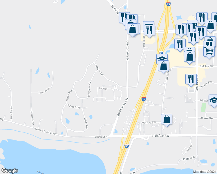 map of restaurants, bars, coffee shops, grocery stores, and more near 22269 Lilac Court in Forest Lake