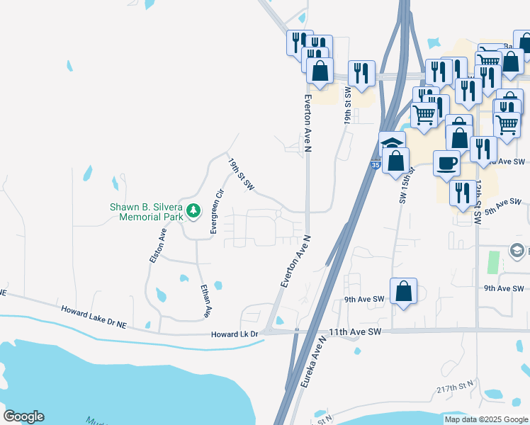 map of restaurants, bars, coffee shops, grocery stores, and more near 22269 Lilac Court in Forest Lake