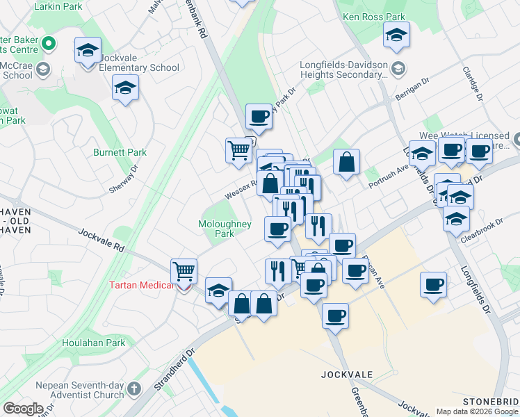 map of restaurants, bars, coffee shops, grocery stores, and more near 30 Bartley Crescent in Ottawa