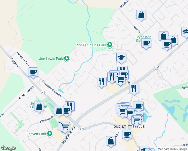 map of restaurants, bars, coffee shops, grocery stores, and more near 639 Geranium Walk in Ottawa
