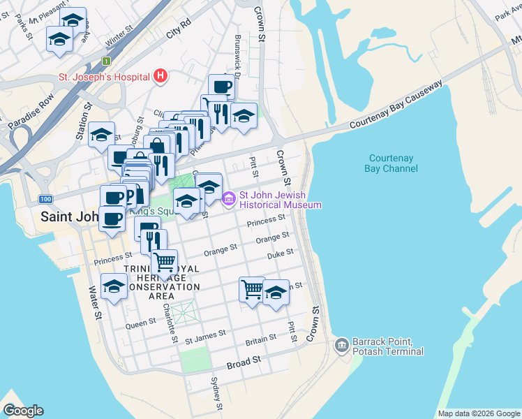 map of restaurants, bars, coffee shops, grocery stores, and more near 77 Pitt Street in Saint-John