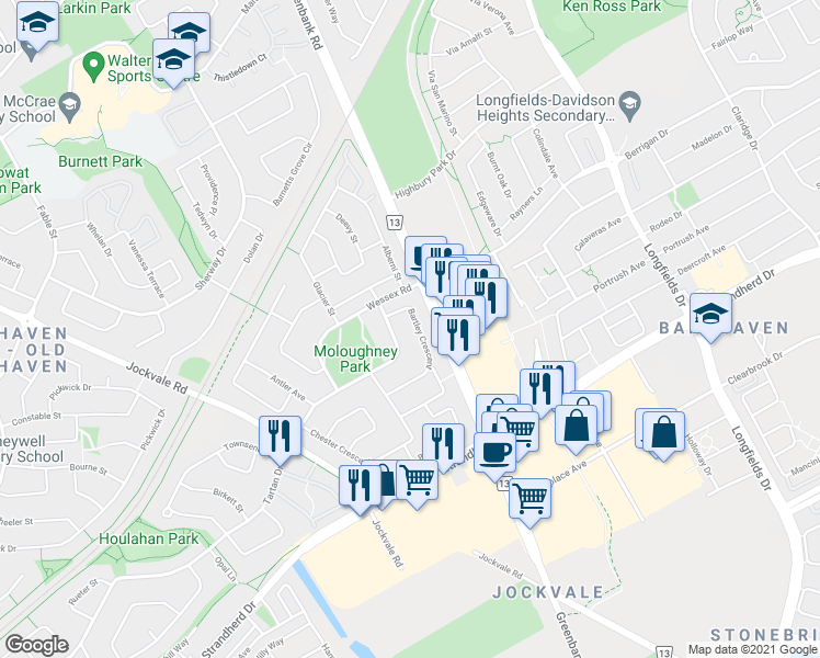 map of restaurants, bars, coffee shops, grocery stores, and more near 30 Bartley Crescent in Ottawa