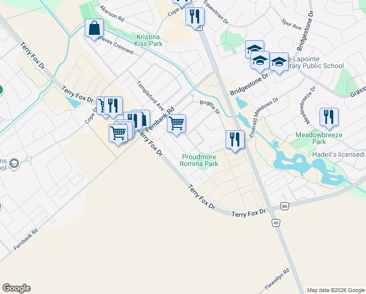 map of restaurants, bars, coffee shops, grocery stores, and more near 124 Overberg Way in Ottawa