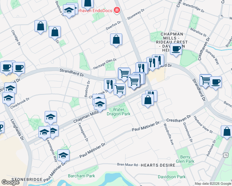 map of restaurants, bars, coffee shops, grocery stores, and more near 861 Taradale Drive in Ottawa