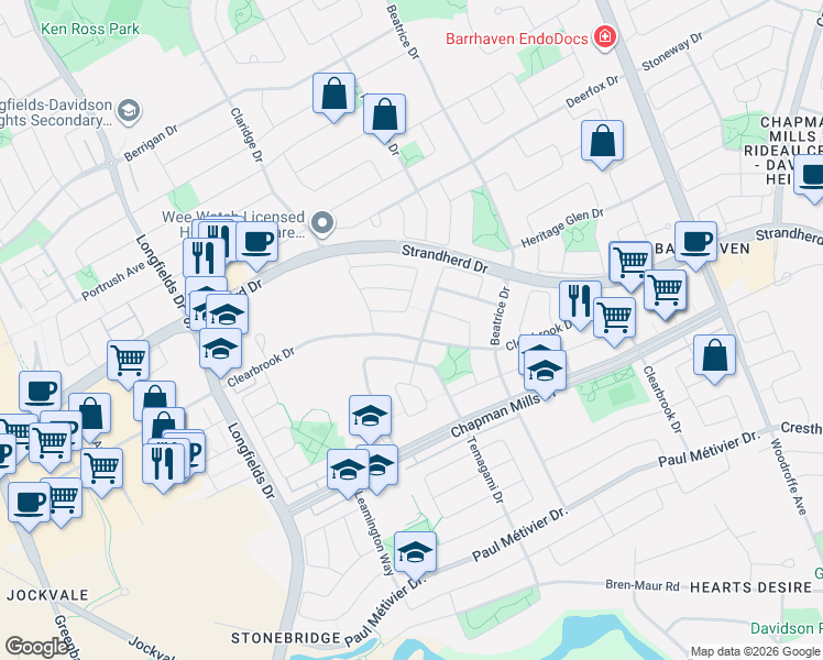 map of restaurants, bars, coffee shops, grocery stores, and more near 635 Clearbrook Drive in Ottawa