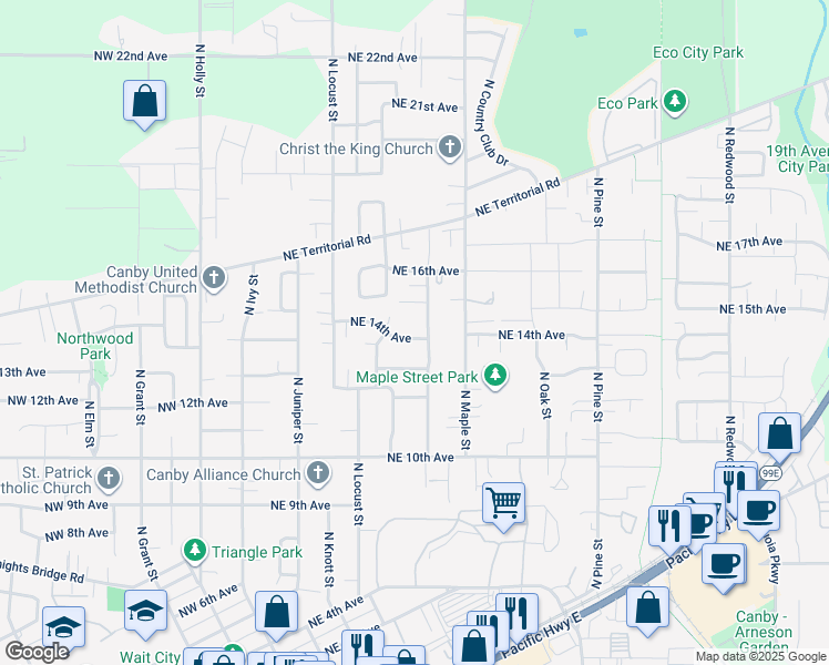 map of restaurants, bars, coffee shops, grocery stores, and more near 570 Northeast 14th Avenue in Canby