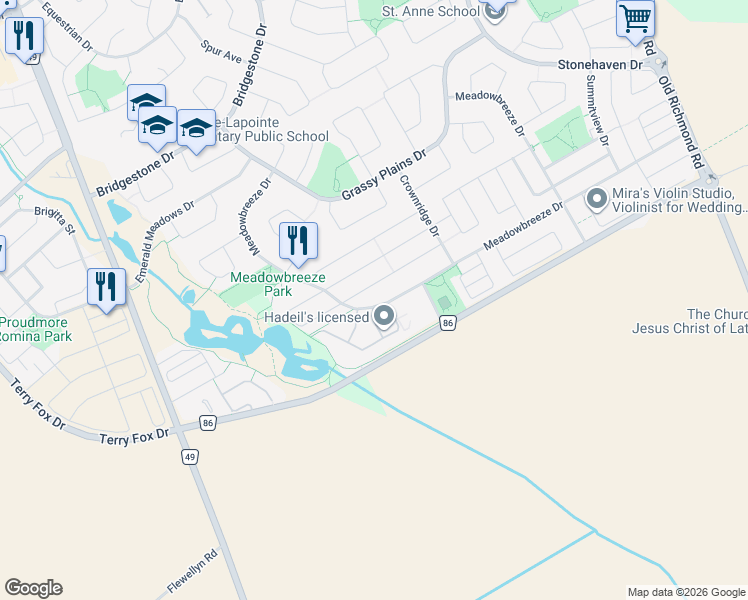 map of restaurants, bars, coffee shops, grocery stores, and more near 229 Meadowbreeze Drive in Ottawa